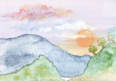 景观 日落 水彩 山 天空 云 树 太阳 绘画 自然 场景