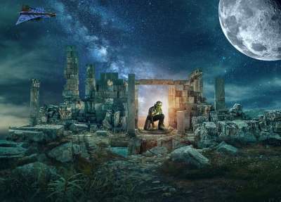 谷 月亮 废墟 外星人 飞船 幻想 背景