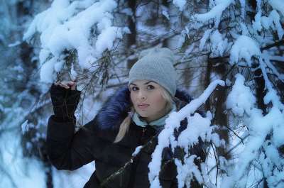 金发女郎在雪地里 冬季森林 年轻女子 森林雪景 云杉 圣诞树 冬季