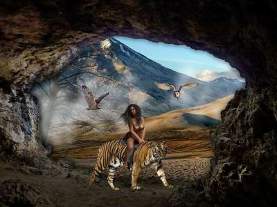 背景 山 洞穴 老虎 猫头鹰 女士 幻想 女性 特点 数字艺术