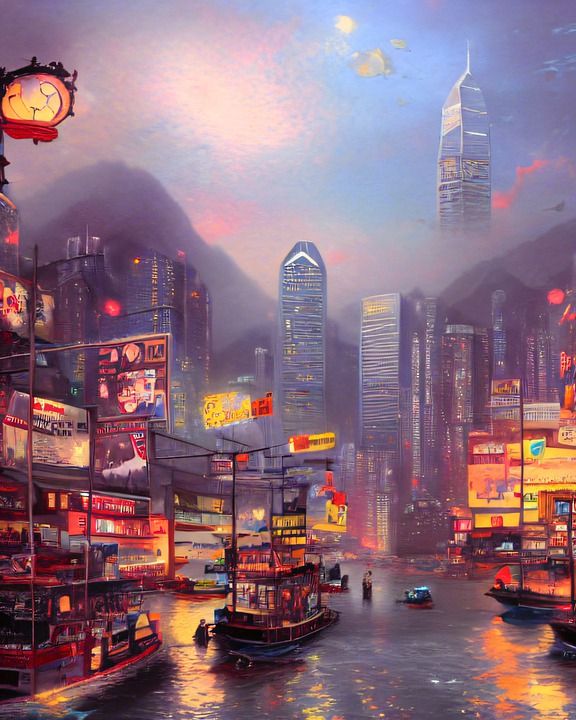 香港 夜晚 海 海鲜 船 建造 招牌 霓虹灯 画画 绘画