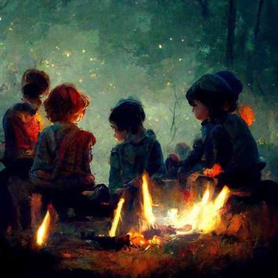 营火 冒险 孩子们 夜晚 绘画 森林 篝火