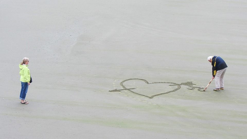 爱, 海滩, 心形, 心, 海, 浪漫, 运气, 高级的, 老, 退休, 老人