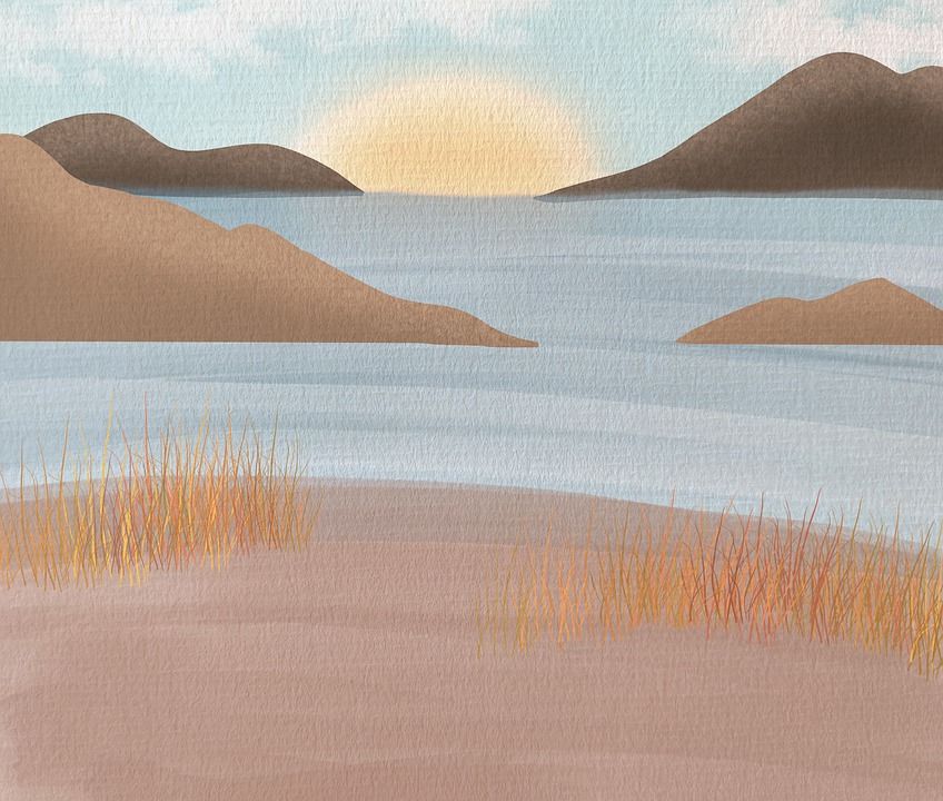 太阳, 湖, 山, 绘画, 自然, 景观, 画画, 艺术, 背景, 水