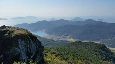 韩国 统营 景观 湖 海洋 森林 树 绿色 看法 全景 山