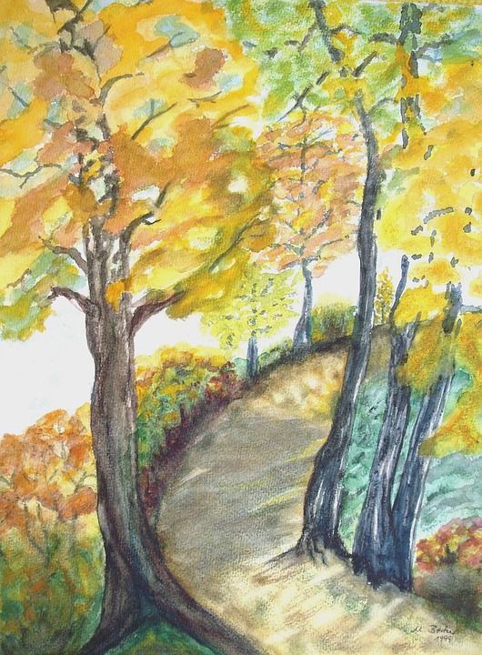 树木 大街 小路 落下 多彩多姿的 绘画 图片 艺术 作画 染