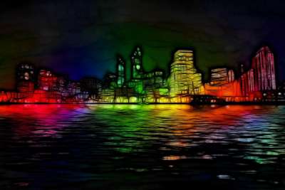 天际线 水 建筑物 摩天大楼 反射 波浪 抽象的夜晚 海浪 灯