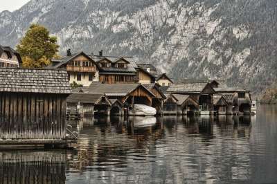 Hallstatt 奥地利 湖 水 自然 景观 城市 日落 山