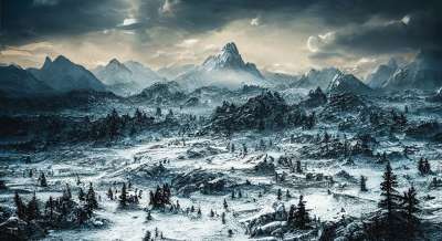 生成的Ai 幻想 景观 性质 冬天 雪 树木 林 山