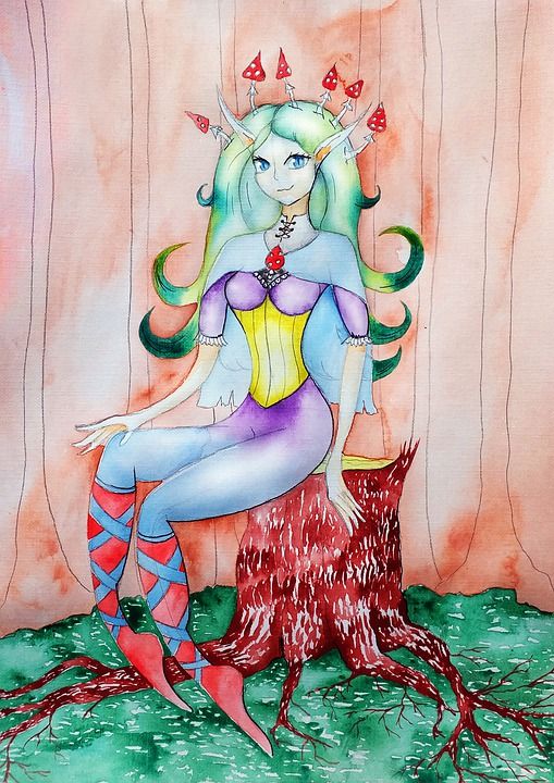 幻想 巫婆 森林 漂亮 蘑菇 年轻女子 魔法 故事 插图