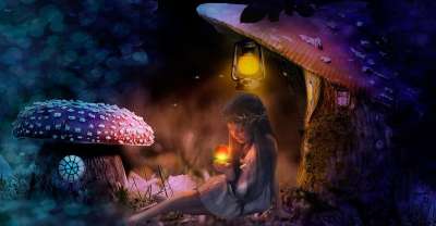 蘑菇 灯笼 女孩 幻想 树木 背景