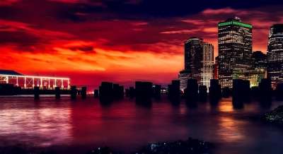 纽约城 城市的 天际线 港口 湾 反思 日落 黄昏 码头 灯