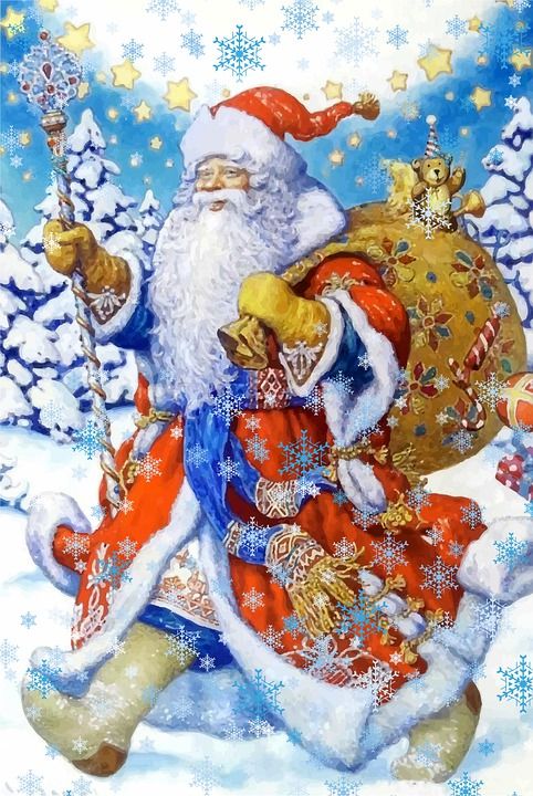圣诞老人 礼物 包 明信片 新年前夕 冬季 祝贺 假日 俄罗斯