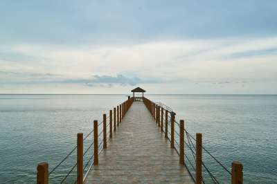 码头 看法 木制的 海滩 蓝色的 假日 风景、自然 海洋 日落