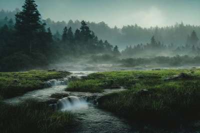 日落 晚上 有雾的 水 河 草 树木 生成的Ai