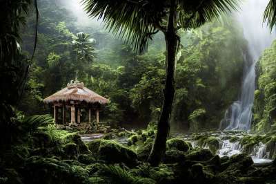 生成的Ai 寺庙 瀑布 幻想 丛林 树木 林