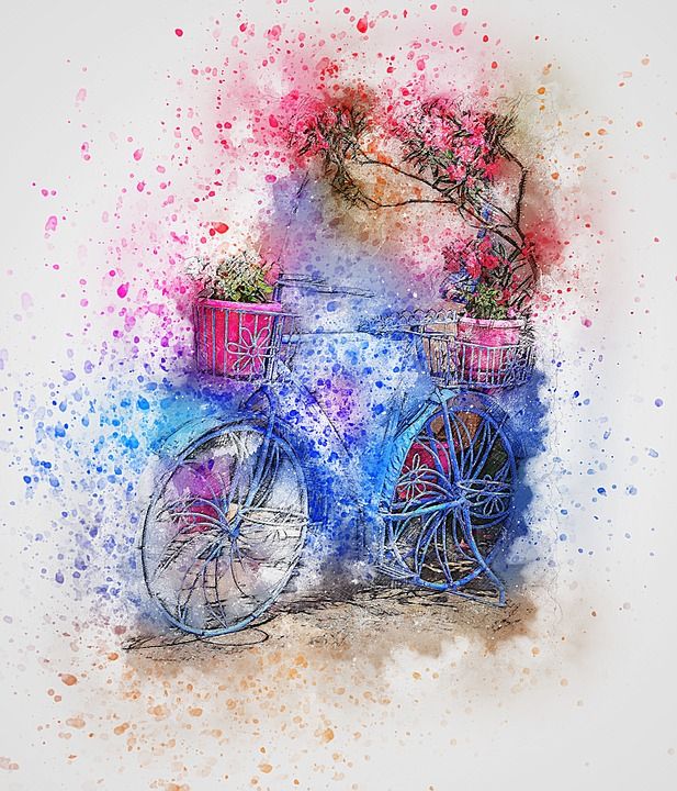 自行车 花朵 艺术 抽象 水彩 优质的 T恤 艺术的 浪漫的