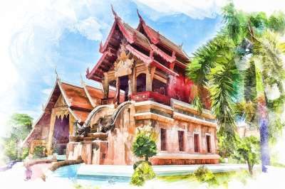 结构 水彩 寺庙 东方的 佛教 建造 艺术的 设计 绘画 画画