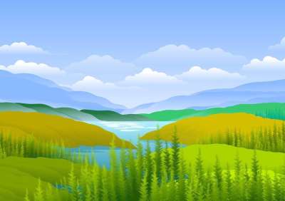 森林 丘陵 绘画 河 山 景观 自然 天空 云 全景 环境