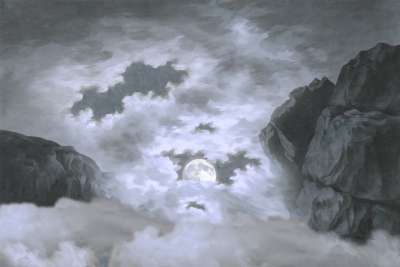 月亮 云 悬崖 山 夜晚 多雾路段 薄雾 场景 平静的 月光