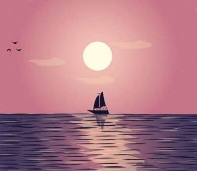 海 日落 船 自然 海洋 天空 水 画画 绘画