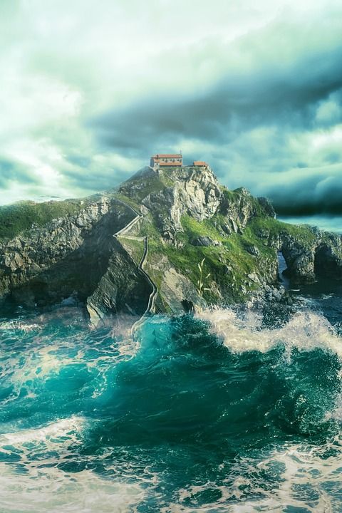 景观 幻想 幻想风景 庵 海 山 天空 云 梦 世界末日