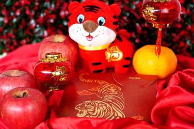 中国新的一年 老虎娃娃 传统 老虎过年 水果 花朵 传统的
