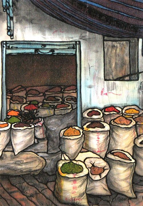 绢画 绘画 市场 香料 包 丝绸 多彩多姿的 艺术 作画