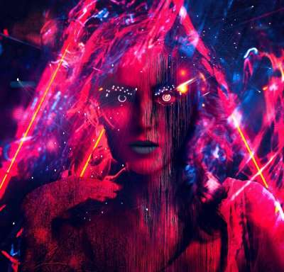 赛博朋克 肖像 技术 未来派 数字艺术 抽象艺术 背景 氖 女士