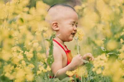 孩子 男孩 花朵 草地 可爱的 年轻 童年 婴儿 学步的儿童