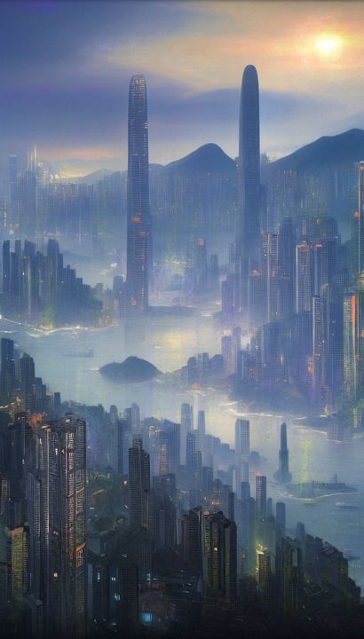 日落 港口 摩天大楼 建造 香港 城市 夜晚 艺术