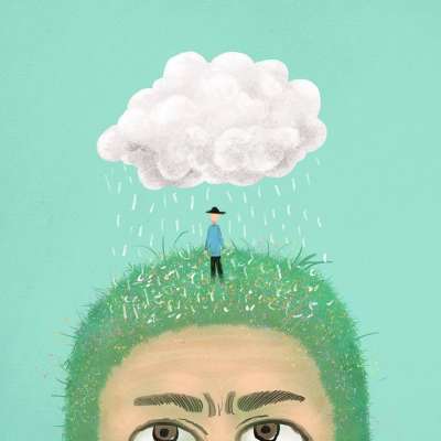男人 头 雨 绘画 草 自然 独自的 头脑 伤心 悲哀 思考
