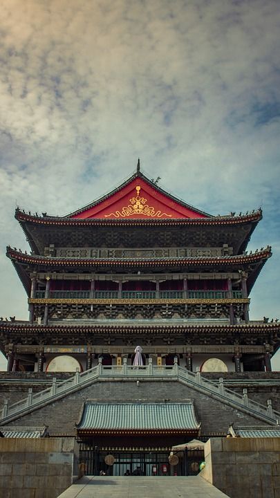 鼓楼 西安 中国 地标 历史的 建造 结构 正面 入口 塔