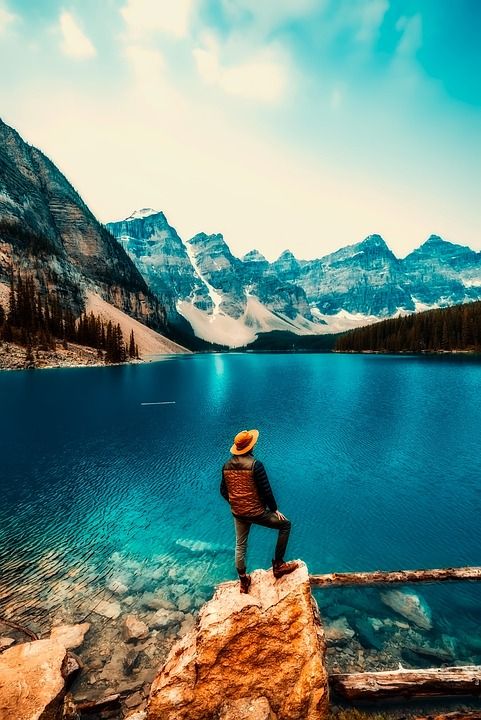 冰碛湖, 水, 加拿大, 旅游, 天空, 云, 山, 雪, 看法, 男人, 俯瞰