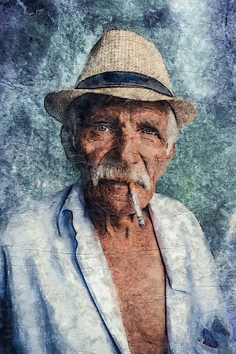 老年 男人 老的 肖像 帽子 香烟 抽烟 绘画