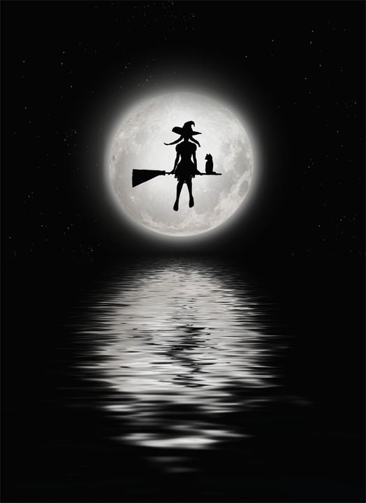 巫婆, 月亮, 满月, 墙纸, 黑色的, 星级, 夜, 反射, 水, 轮廓, 猫