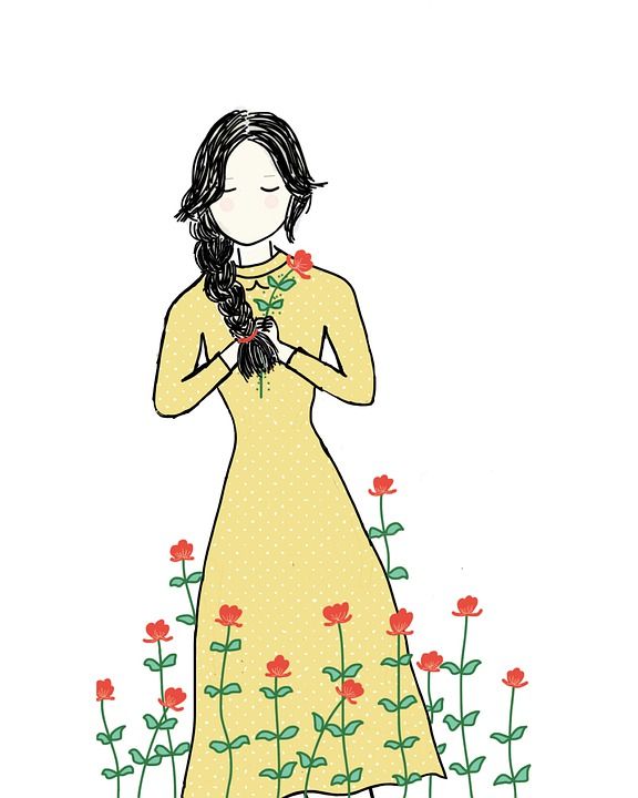 女孩 黄色连衣裙 春天 红色花 做梦 长发 公主 头发 裙子