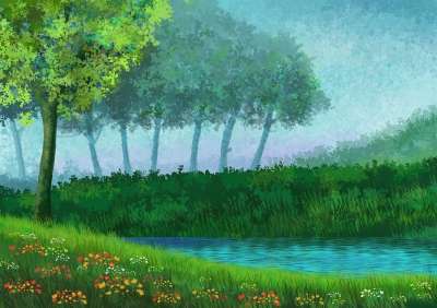 景观 背景 自然 森林 树木 插图 画 水 湖 蓝色的 绿色