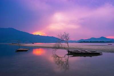 越南 湖 日落 山 船 风景 景观