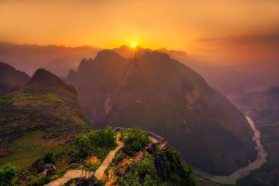 越南 山 河 景观 日落 黄昏 俯瞰 天空 云 美丽的 自然