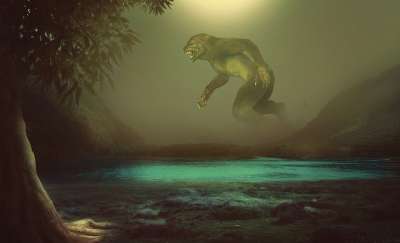狼人 巨大的 森林 树 兽 幻想 怪物 沼泽 湖 湿地