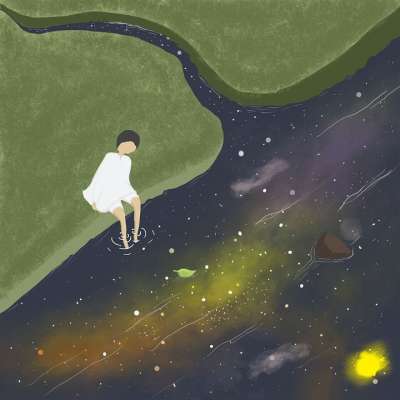 女士 绘画 夜晚 星星 星系 反射 手绘 孩子 平静的 河