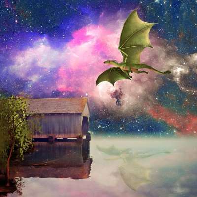 科幻小说 龙 幻想 夜晚 午夜 谷仓 湖 反射 科幻 景观