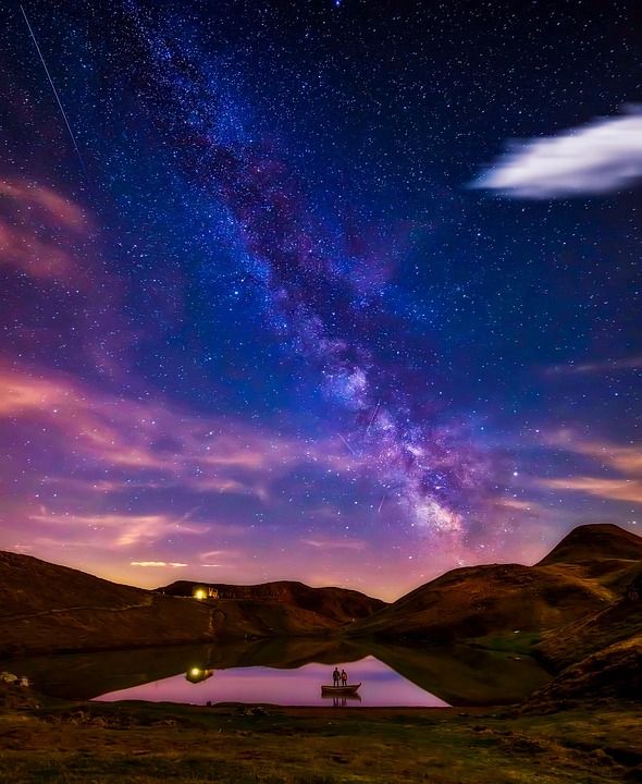 天空 云 星星 日落 黄昏 晚上 夜晚 湖 图 山 谷