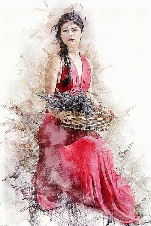 女孩 薰衣草 红色连衣裙 黑发 蓝眼睛 花朵 美丽 自然 人类