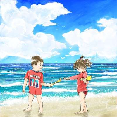 卡通片 绘画 幻想 创造力 海滨 夏天 孩子们 男孩们 女孩们