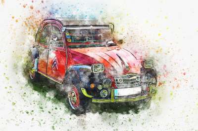车 旧车 艺术 水彩 2Cv 优质的 汽车 蓝色的 车辆 车轮
