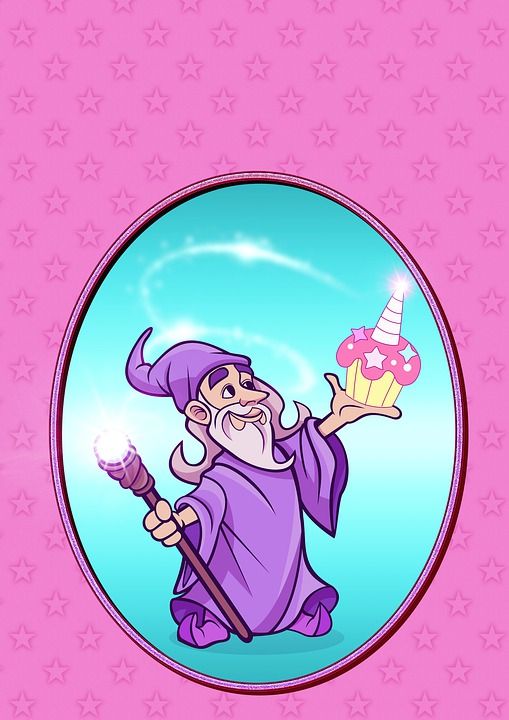 生日贺卡 魔术师 魔术 生日蛋糕 蜡烛 棍棒 星星 粉色的