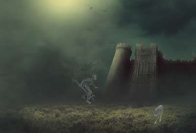 城堡 废墟 骑士 有雾的 狼 幻想 背景