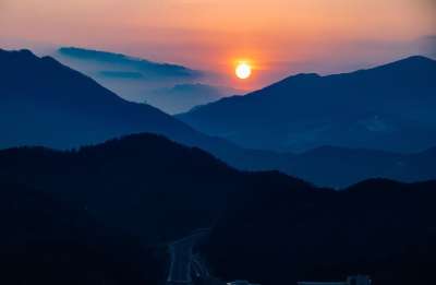 山景观 日落 山 蓝色的 景观